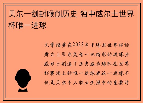 贝尔一剑封喉创历史 独中威尔士世界杯唯一进球